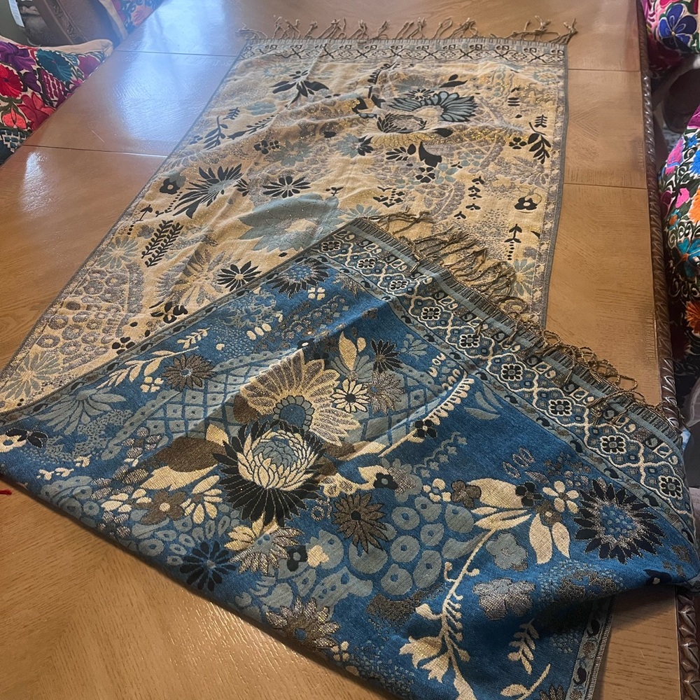 Blue & Gold Floral shawl from Mexico/ double sided